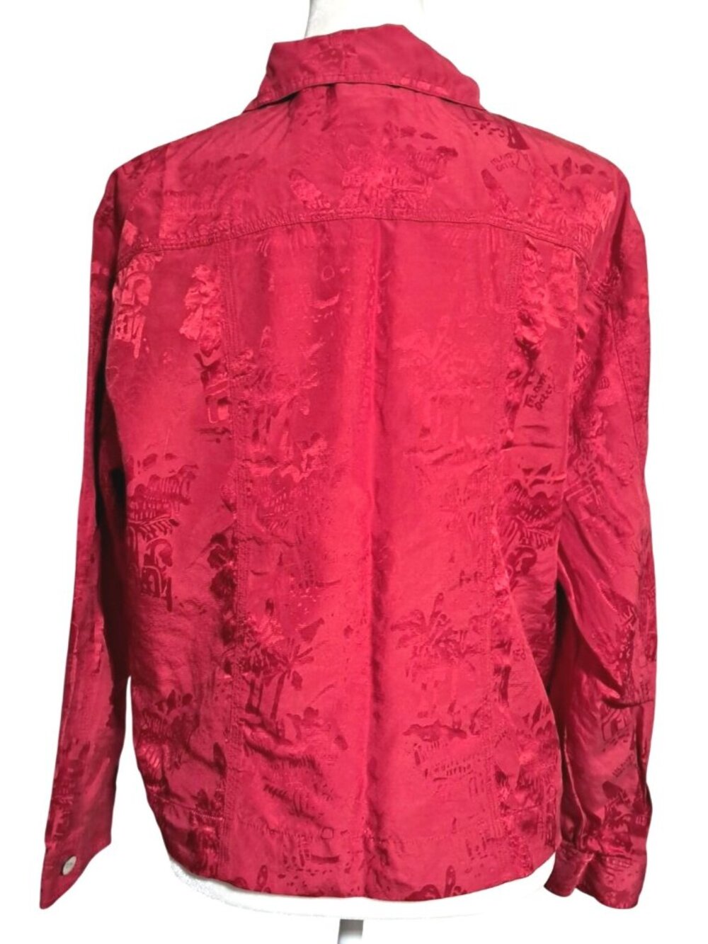 Chicos Silk Blend Jacket Womens Size 2 (L) Red Textured Button Pockets Zip Front - Picture 3 of 9
